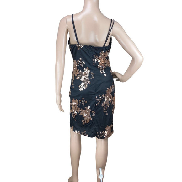 New Chic Me Women's Black Gold Mesh Floral Sequin V-Neck Bodycon Dress L - Picture 4 of 5